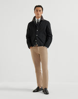 Garment-dyed outerwear jacket in comfort cotton lightweight denim with leather collar