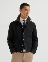 Garment-dyed outerwear jacket in comfort cotton lightweight denim with leather collar
