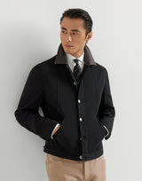 Garment-dyed outerwear jacket in comfort cotton lightweight denim with leather collar