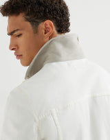 Garment-dyed outerwear jacket in comfort cotton lightweight denim with leather collar