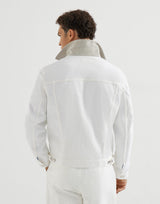 Garment-dyed outerwear jacket in comfort cotton lightweight denim with leather collar