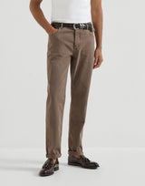 Hazelnut Garment-dyed comfort lightweight denim traditional fit five-pocket trousers