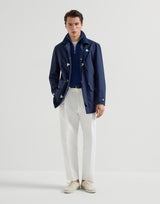 Avio Blue Cotton English rib sweater with half zip and raglan sleeves