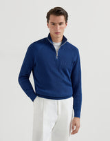 Avio Blue Cotton English rib sweater with half zip and raglan sleeves