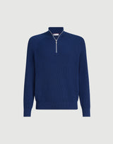 Avio Blue Cotton English rib sweater with half zip and raglan sleeves