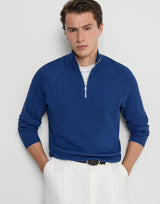 Avio Blue Cotton English rib sweater with half zip and raglan sleeves