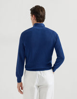 Avio Blue Cotton English rib sweater with half zip and raglan sleeves