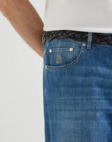 Lightweight old denim traditional fit five-pocket trousers