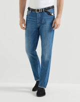 Lightweight old denim traditional fit five-pocket trousers
