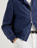 Wool and mohair pinstripe fresco outerwear jacket with stand collar