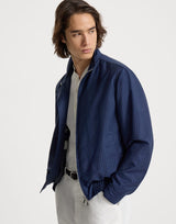Wool and mohair pinstripe fresco outerwear jacket with stand collar