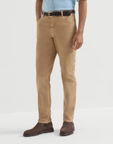 Garment-dyed comfort lightweight denim traditional fit five-pocket trousers in Camel