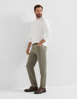 Garment-dyed comfort lightweight denim traditional fit five-pocket trousers in Military Green