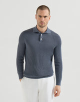 Cotton English rib knit polo with long raglan sleeves in Lignite Grey