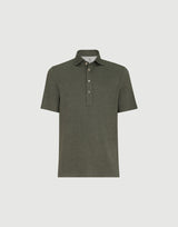 Virgin wool, silk and cotton piqué polo shirt with spread collar in Military Green