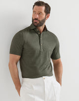 Virgin wool, silk and cotton piqué polo shirt with spread collar in Military Green
