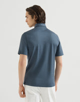 Virgin wool, silk and cotton piqué polo shirt with spread collar in Cerulean