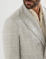 Linen Prince of Wales one-and-a-half breasted deconstructed blazer with metal buttons