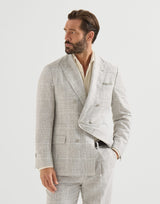 Linen Prince of Wales one-and-a-half breasted deconstructed blazer with metal buttons