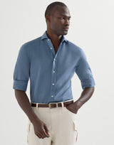 Cotton and cashmere denim-effect diagonal shirt with spread collar in Denim
