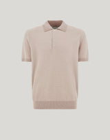 Beige microstructured cotton polo shirt with plain-knit collar