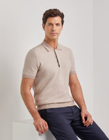 Beige microstructured cotton polo shirt with plain-knit collar