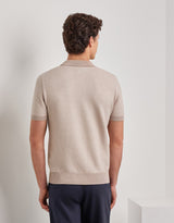 Beige microstructured cotton polo shirt with plain-knit collar
