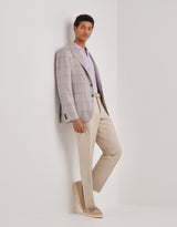 Beige and lilac wool, silk and linen modern-fit jacket with overcheck pattern