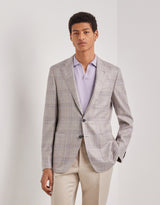Beige and lilac wool, silk and linen modern-fit jacket with overcheck pattern