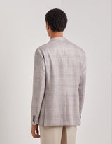 Beige and lilac wool, silk and linen modern-fit jacket with overcheck pattern