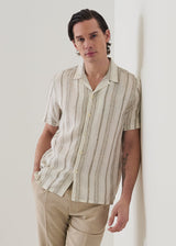 Dobby Stripe Linen Camp Collar Shirt in Toast