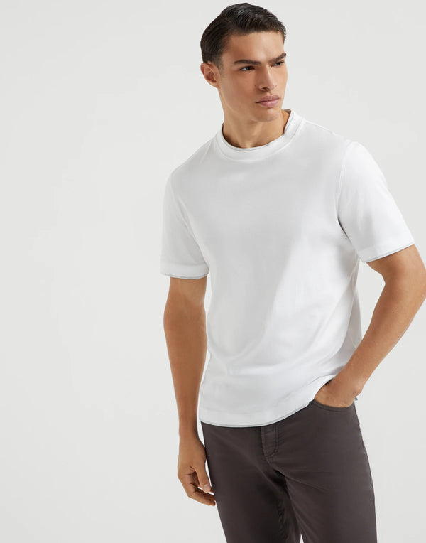 Cotton jersey crew neck T-shirt with faux-layering