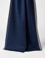 Blue Cashmere Diagonal Scarf with Striped Edge