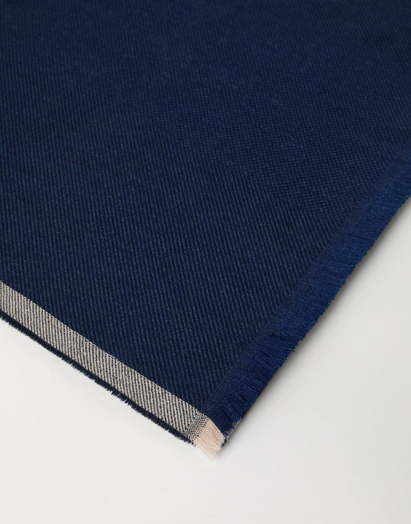 Blue Cashmere Diagonal Scarf with Striped Edge