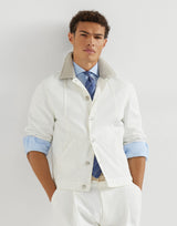 Garment-dyed outerwear jacket in comfort cotton lightweight denim with leather collar
