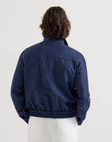 Wool and mohair pinstripe fresco outerwear jacket with stand collar