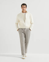Brown Chalk stripe linen twill trousers with drawstring and double pleats