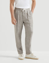 Brown Chalk stripe linen twill trousers with drawstring and double pleats