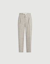 Brown Chalk stripe linen twill trousers with drawstring and double pleats