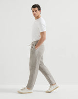Brown Chalk stripe linen twill trousers with drawstring and double pleats