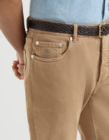 Garment-dyed comfort lightweight denim traditional fit five-pocket trousers in Camel