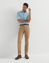 Garment-dyed comfort lightweight denim traditional fit five-pocket trousers in Camel