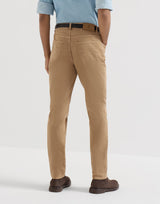 Garment-dyed comfort lightweight denim traditional fit five-pocket trousers in Camel