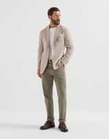 Garment-dyed comfort lightweight denim traditional fit five-pocket trousers in Military Green