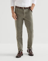 Garment-dyed comfort lightweight denim traditional fit five-pocket trousers in Military Green
