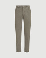 Garment-dyed comfort lightweight denim traditional fit five-pocket trousers in Military Green