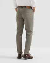 Garment-dyed comfort lightweight denim traditional fit five-pocket trousers in Military Green