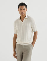 White Cotton textured rib knit polo