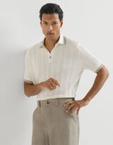 White Cotton textured rib knit polo