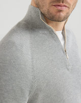 Cotton English rib sweater with half zip and raglan sleeves in Light Grey
